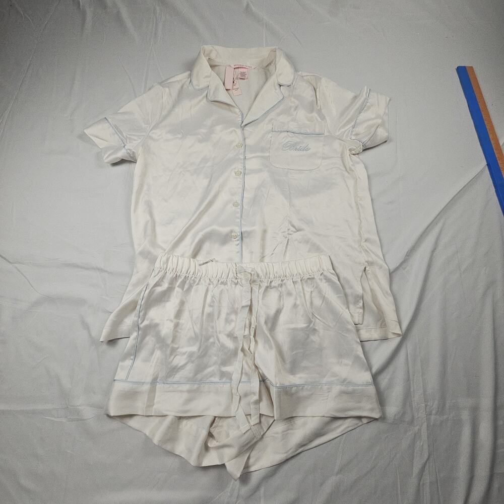 Women's Victoria's Secret Bride Satin Pajama Set White Bridal Short PJs XS